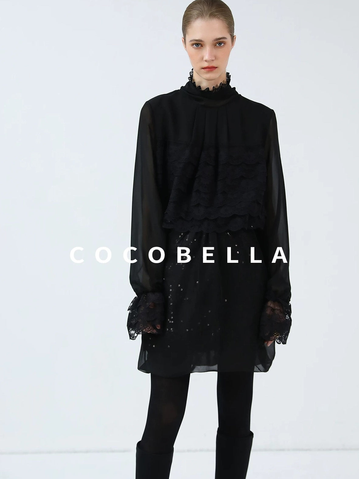 COCOBELLA Pleated Lace Patchwork French Straight Petal Sleeve Women Polyester T-Shirts