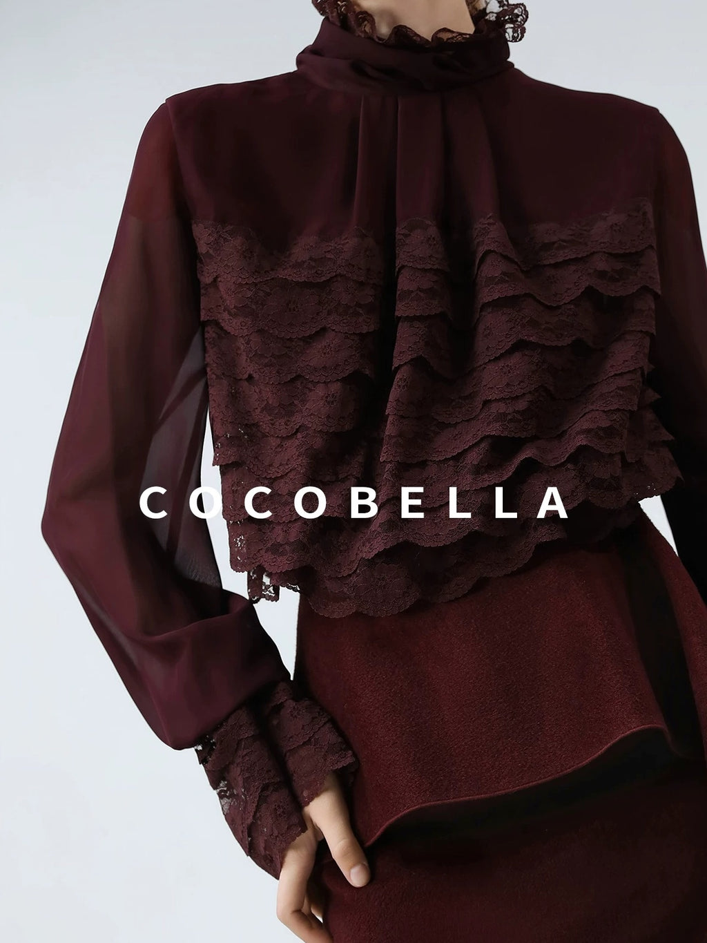 COCOBELLA Pleated Lace Patchwork French Straight Petal Sleeve Women Polyester T-Shirts