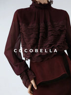 COCOBELLA Pleated Lace Patchwork French Straight Petal Sleeve Women Polyester T-Shirts