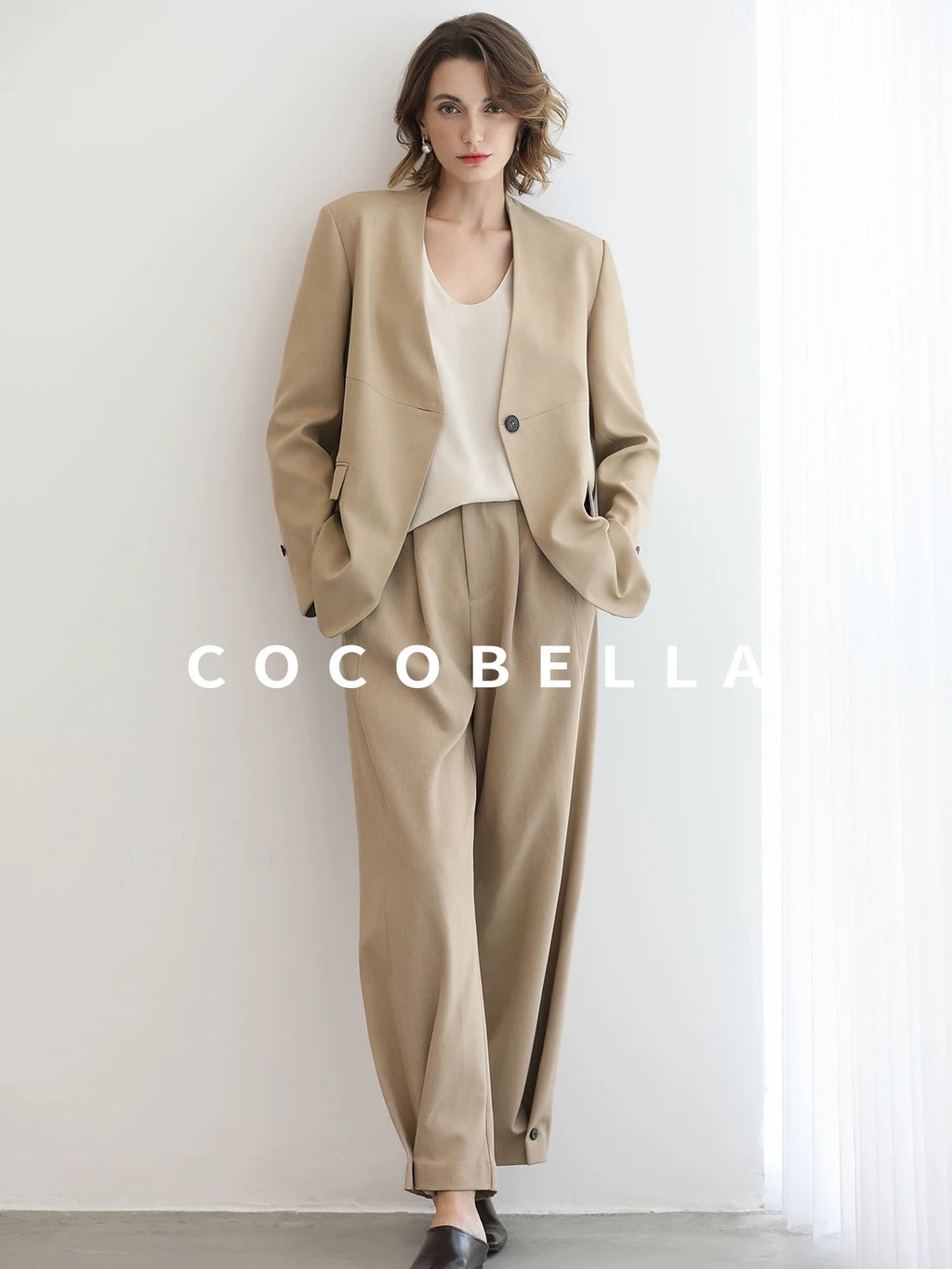 COCOBELLA Pleated Minimal Harem Tapered Natural Waist Office Ol Ladies Khaki Pants