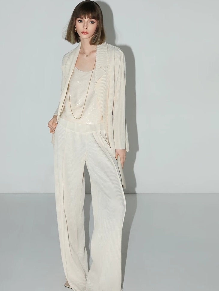 COCOBELLA Pleated Minimalist Office Natural Waist Loose Wide Leg Polyester Pants