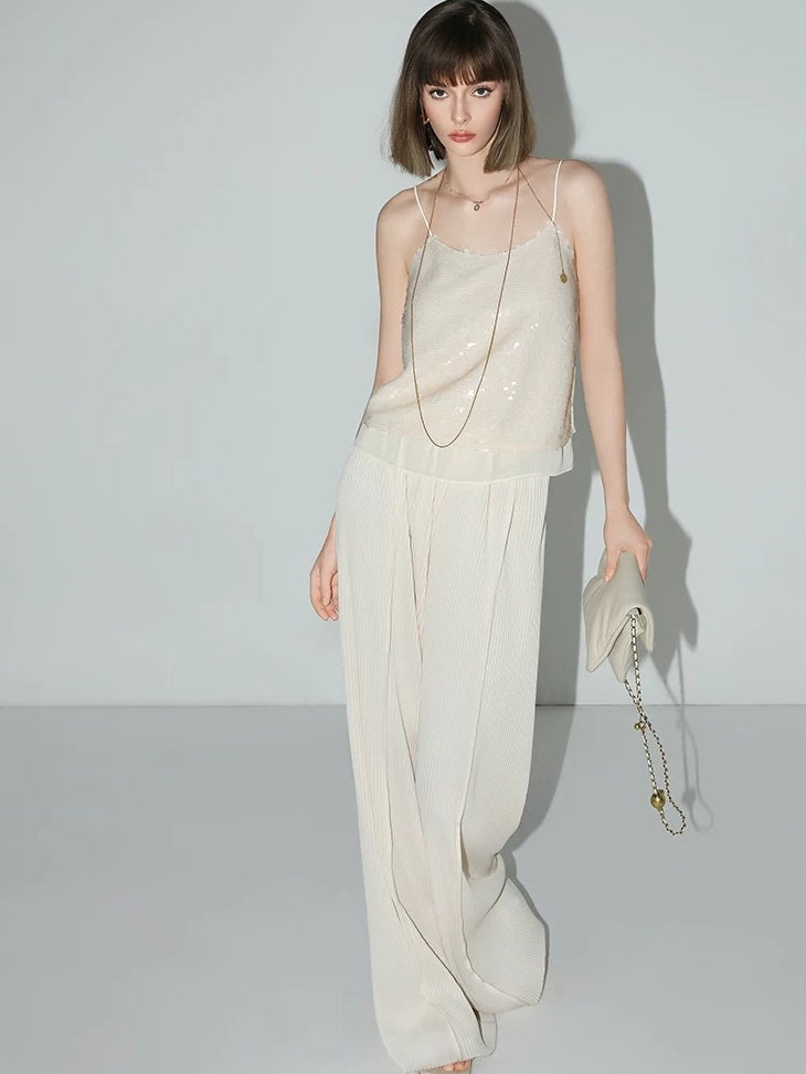 COCOBELLA Pleated Minimalist Office Natural Waist Loose Wide Leg Polyester Pants