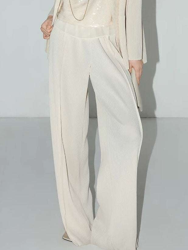 COCOBELLA Pleated Minimalist Office Natural Waist Loose Wide Leg Polyester Pants