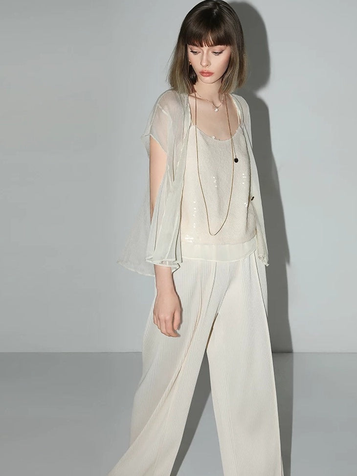 COCOBELLA Pleated Minimalist Office Natural Waist Loose Wide Leg Polyester Pants