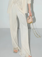 COCOBELLA Pleated Minimalist Office Natural Waist Loose Wide Leg Polyester Pants