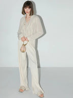 COCOBELLA Pleated Minimalist Office Natural Waist Loose Wide Leg Polyester Pants