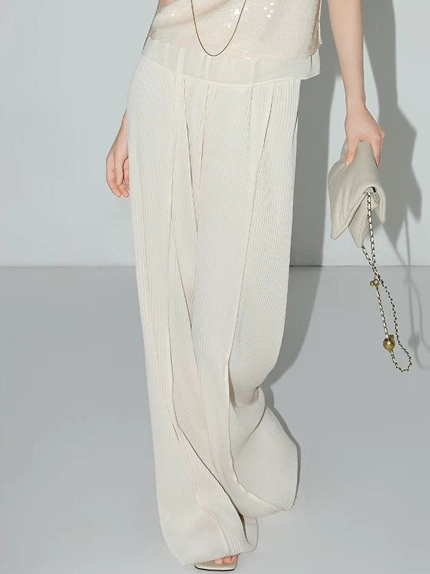 COCOBELLA Pleated Minimalist Office Natural Waist Loose Wide Leg Polyester Pants