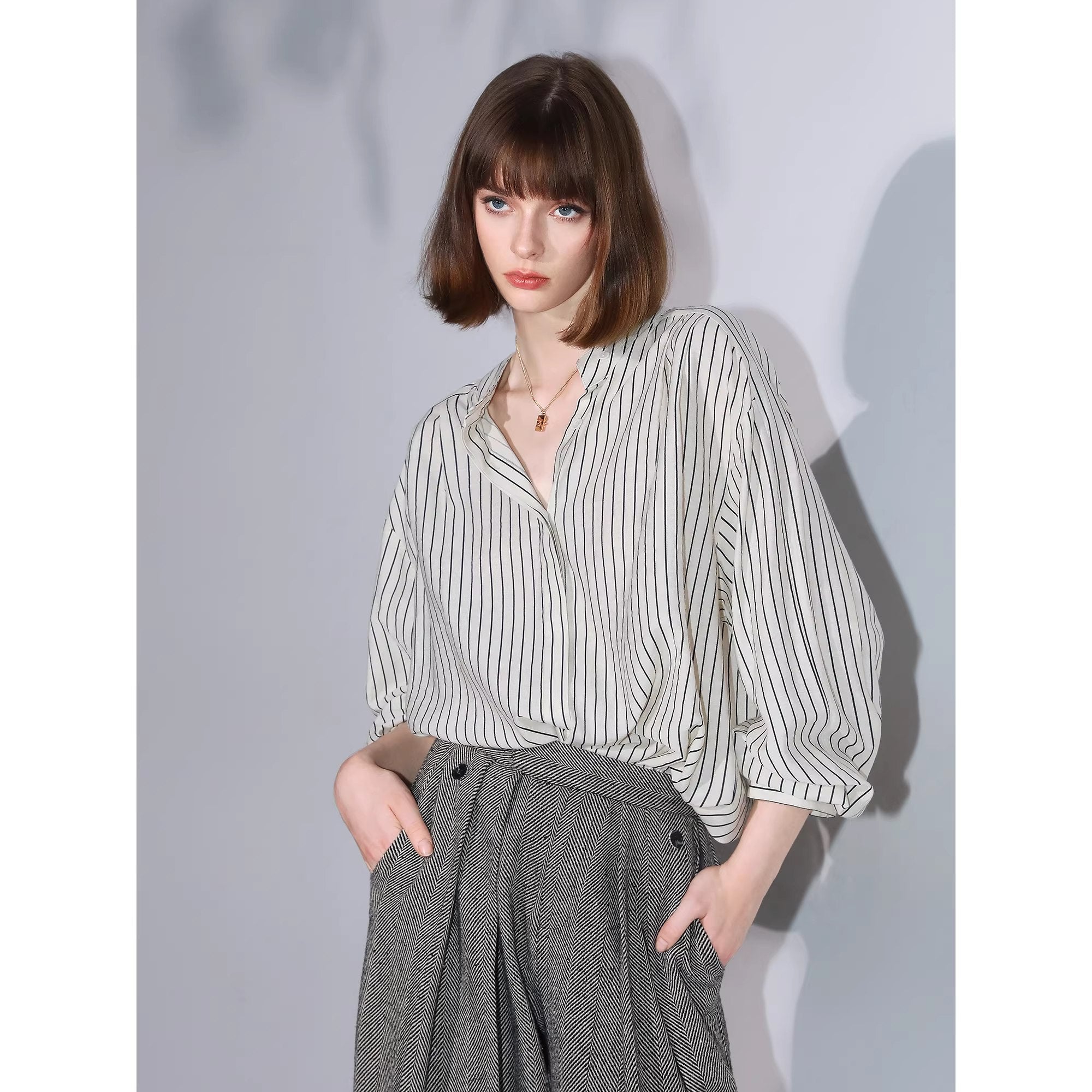 COCOBELLA_Pleated_Striped_Stand_Collar_Straight_Fit_Long_Sleeve_Button_Commuter_Shirts_MISSTT