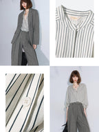COCOBELLA Pleated Striped Stand Collar Straight Fit Long Sleeve Button Commuter Shirts