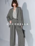 COCOBELLA Pleated Striped Stand Collar Straight Fit Long Sleeve Button Commuter Shirts