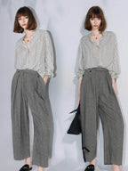 COCOBELLA Pleated Striped Stand Collar Straight Fit Long Sleeve Button Commuter Shirts