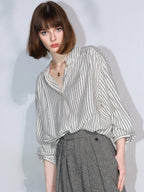 COCOBELLA Pleated Striped Stand Collar Straight Fit Long Sleeve Button Commuter Shirts