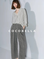 COCOBELLA Pleated Striped Stand Collar Straight Fit Long Sleeve Button Commuter Shirts