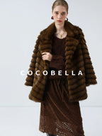 COCOBELLA Plush Faux Fur Horizontal Panel Loose Fit Office Workwear Pastel Stripe Jackets