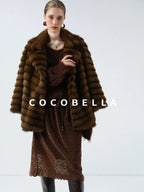 COCOBELLA Plush Faux Fur Horizontal Panel Loose Fit Office Workwear Pastel Stripe Jackets