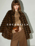 COCOBELLA Plush Faux Fur Horizontal Panel Loose Fit Office Workwear Pastel Stripe Jackets