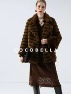 COCOBELLA Plush Faux Fur Horizontal Panel Loose Fit Office Workwear Pastel Stripe Jackets
