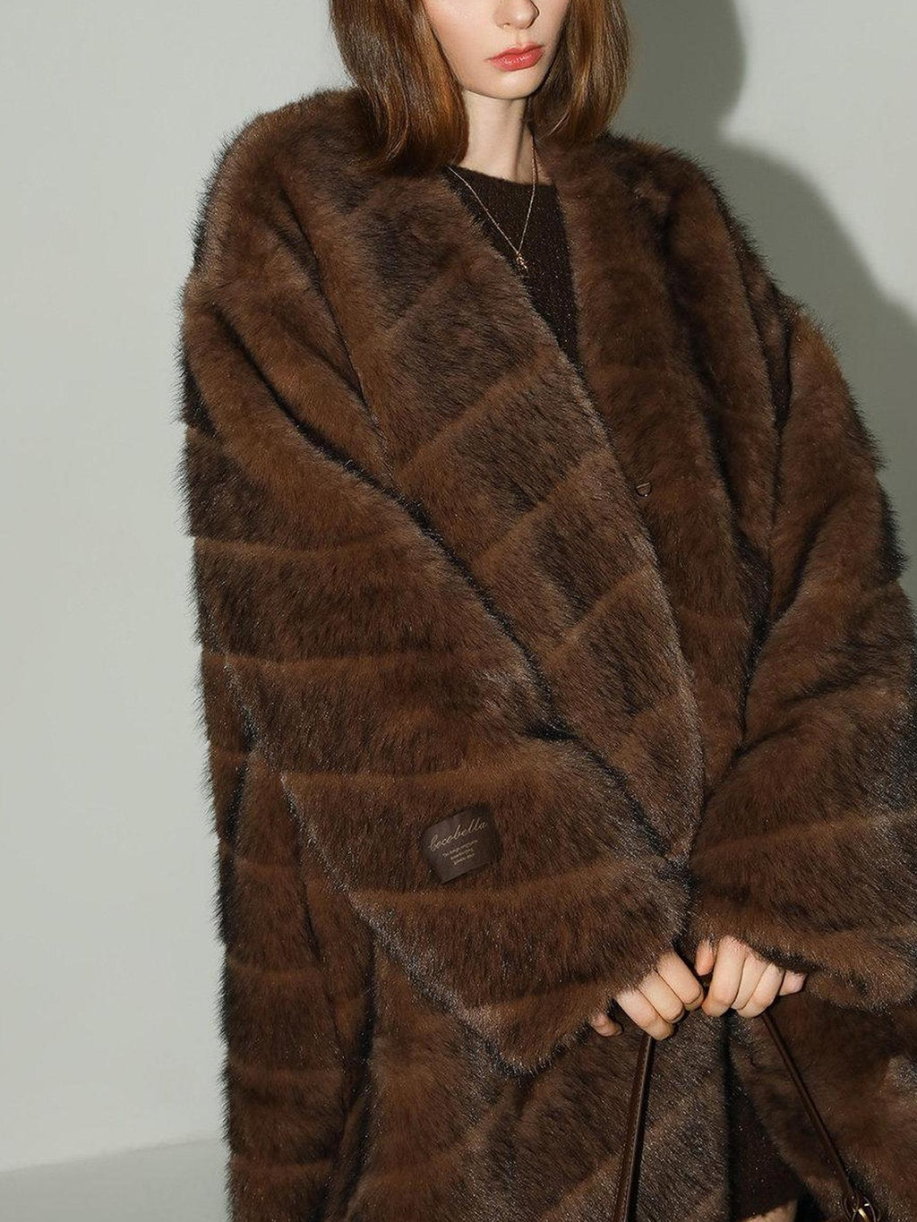 COCOBELLA Plush Faux Fur Long V Neck Straight Fit Women Office Chic Black Brown Coats