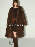 COCOBELLA Plush Faux Fur Long V Neck Straight Fit Women Office Chic Black Brown Coats