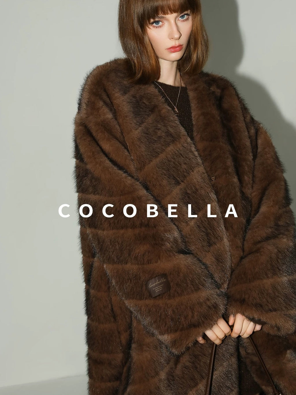 COCOBELLA Plush Faux Fur Long V Neck Straight Fit Women Office Chic Black Brown Coats