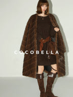 COCOBELLA Plush Faux Fur Long V Neck Straight Fit Women Office Chic Black Brown Coats