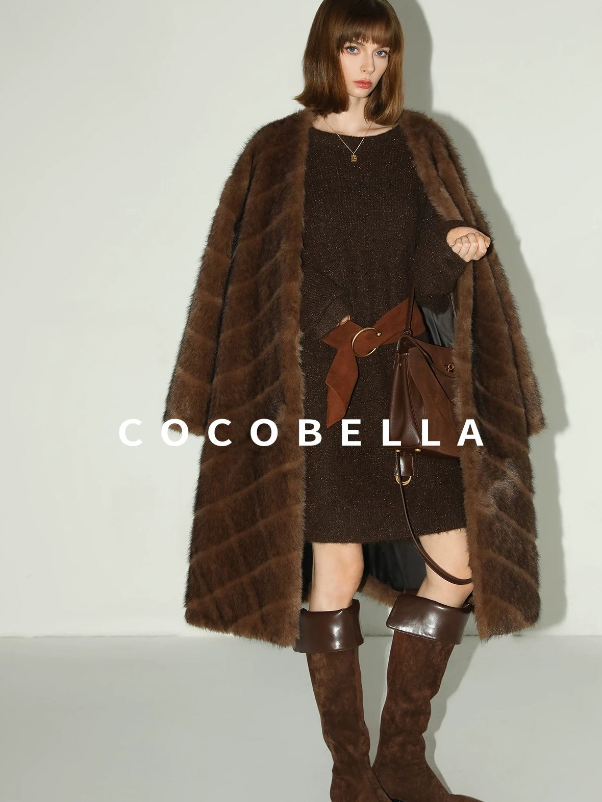 COCOBELLA Plush Faux Fur Long V Neck Straight Fit Women Office Chic Black Brown Coats