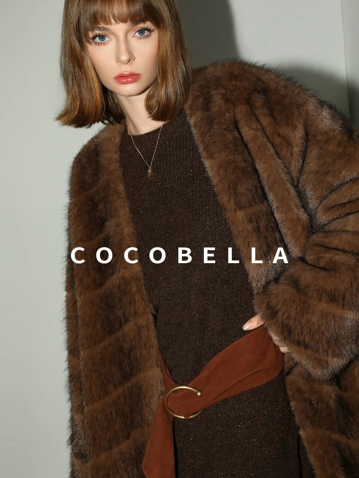 COCOBELLA Plush Faux Fur Long V Neck Straight Fit Women Office Chic Black Brown Coats