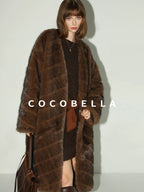 COCOBELLA Plush Faux Fur Long V Neck Straight Fit Women Office Chic Black Brown Coats