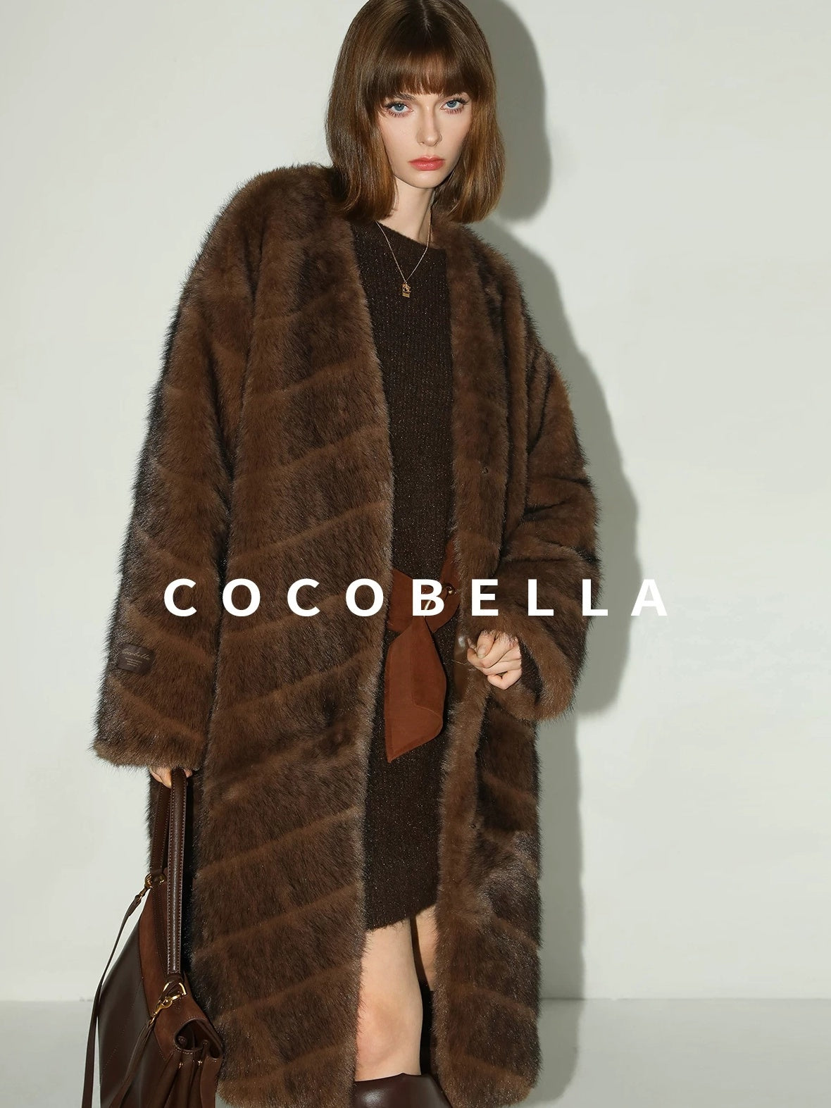 COCOBELLA Plush Faux Fur Long V Neck Straight Fit Women Office Chic Black Brown Coats