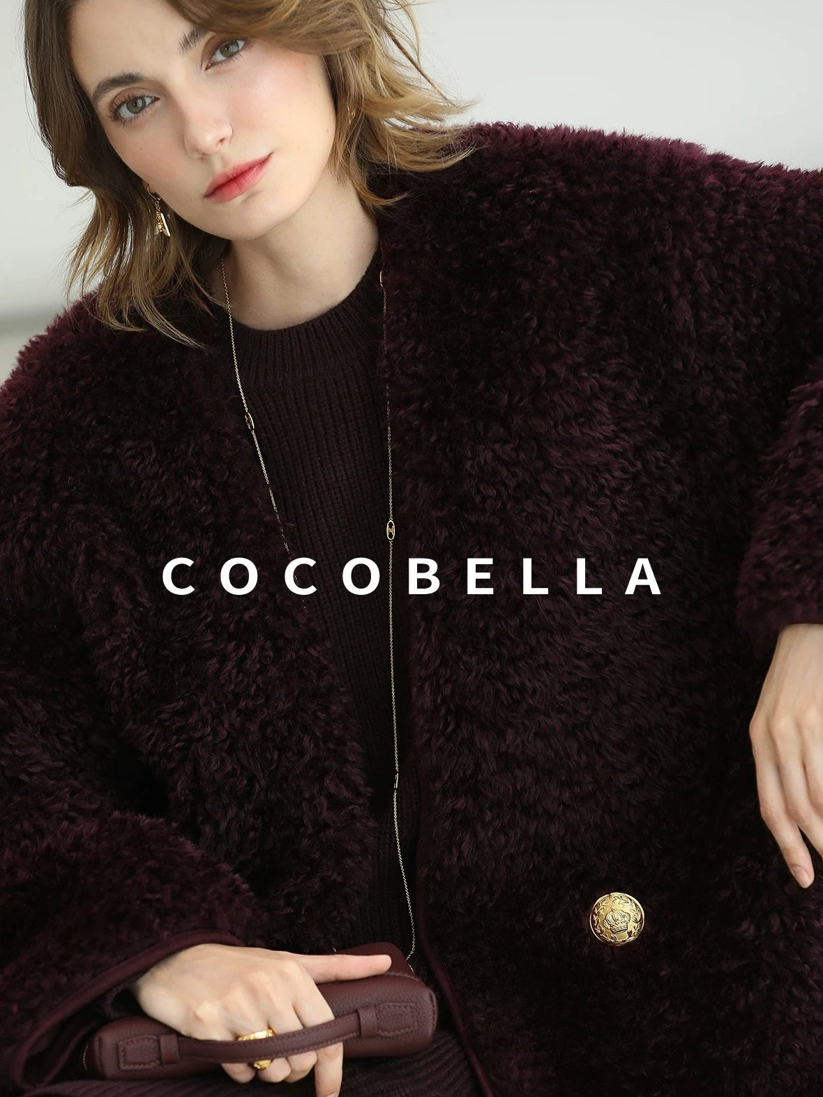COCOBELLA Plush Faux Fur Midlength Double Breasted Loose Women Vintage Purple Coats