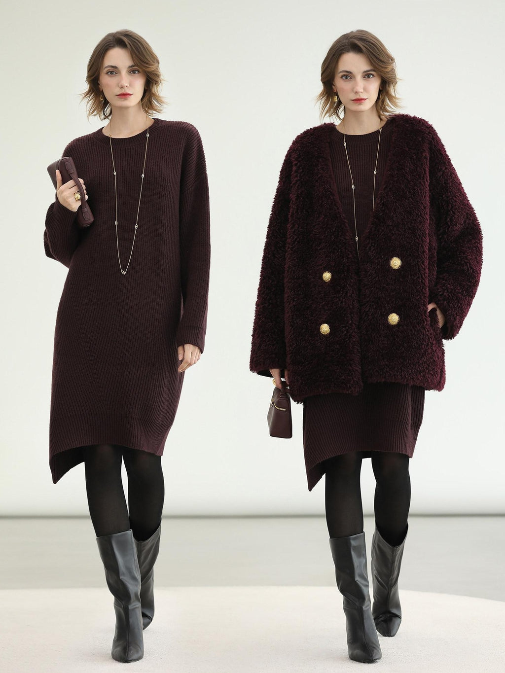 COCOBELLA Plush Faux Fur Midlength Double Breasted Loose Women Vintage Purple Coats