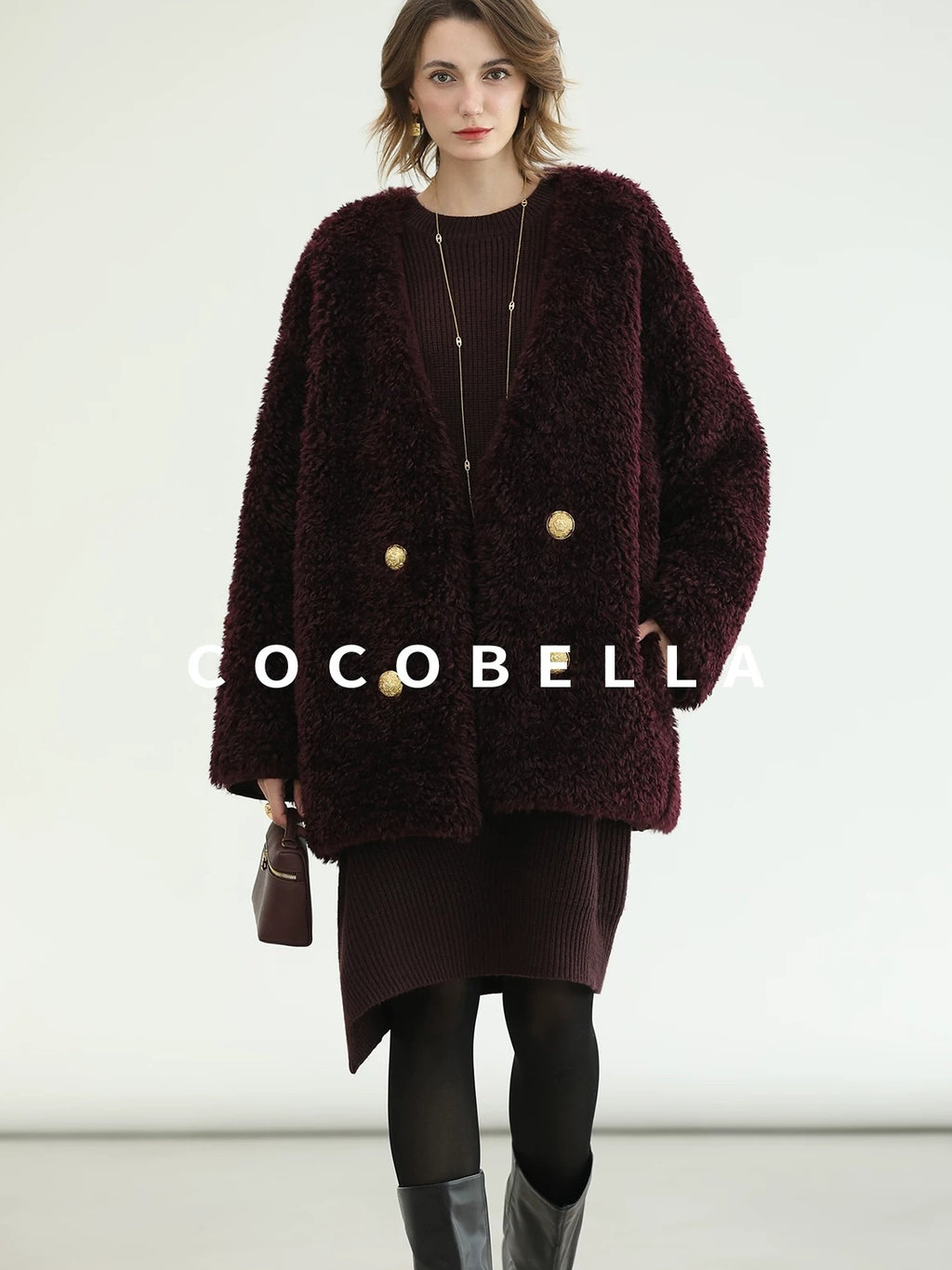 COCOBELLA Plush Faux Fur Midlength Double Breasted Loose Women Vintage Purple Coats