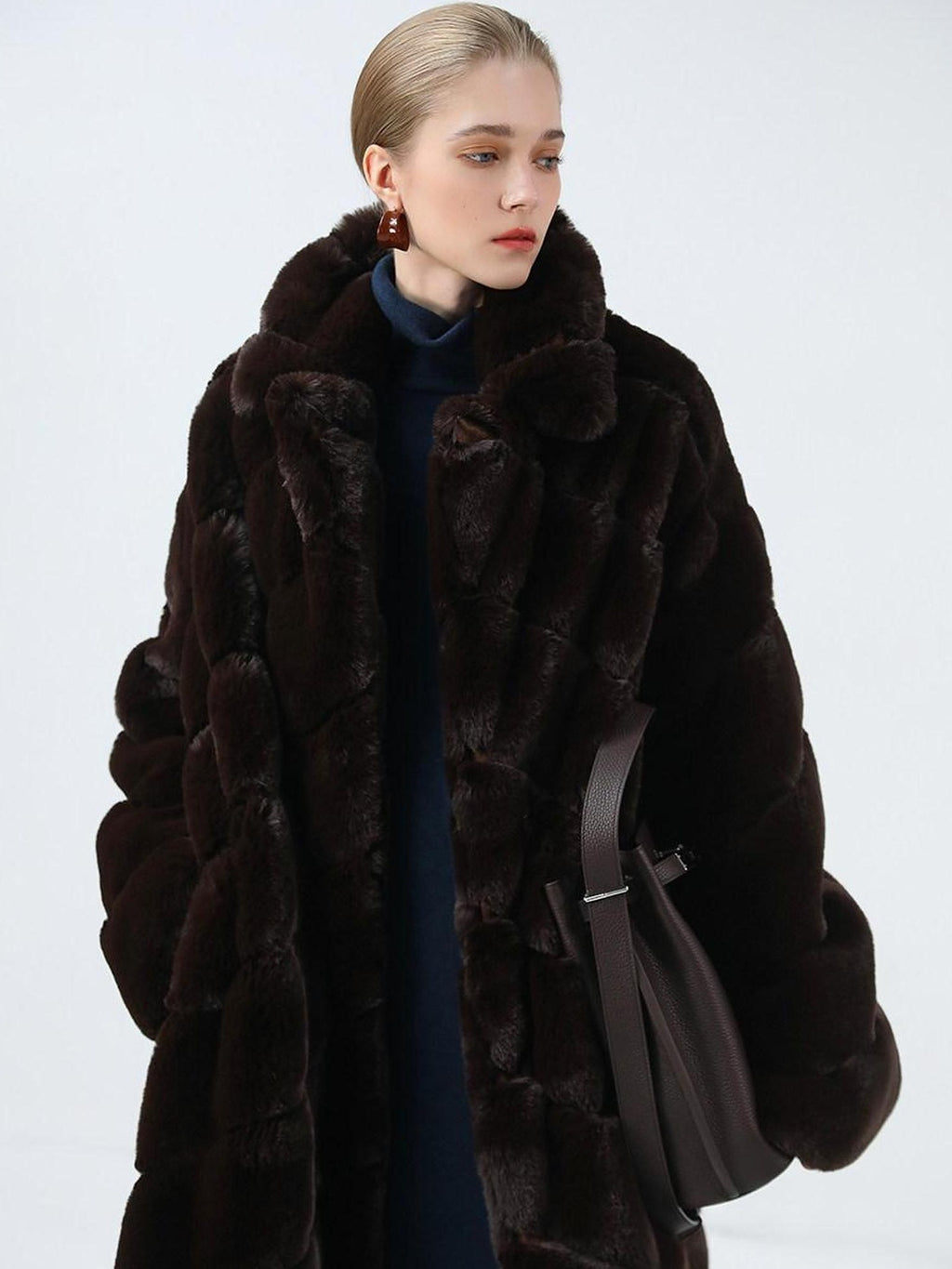 Plush Faux Fur Oversized Stand Collar Vintage Commuter Coffee Brown Coats