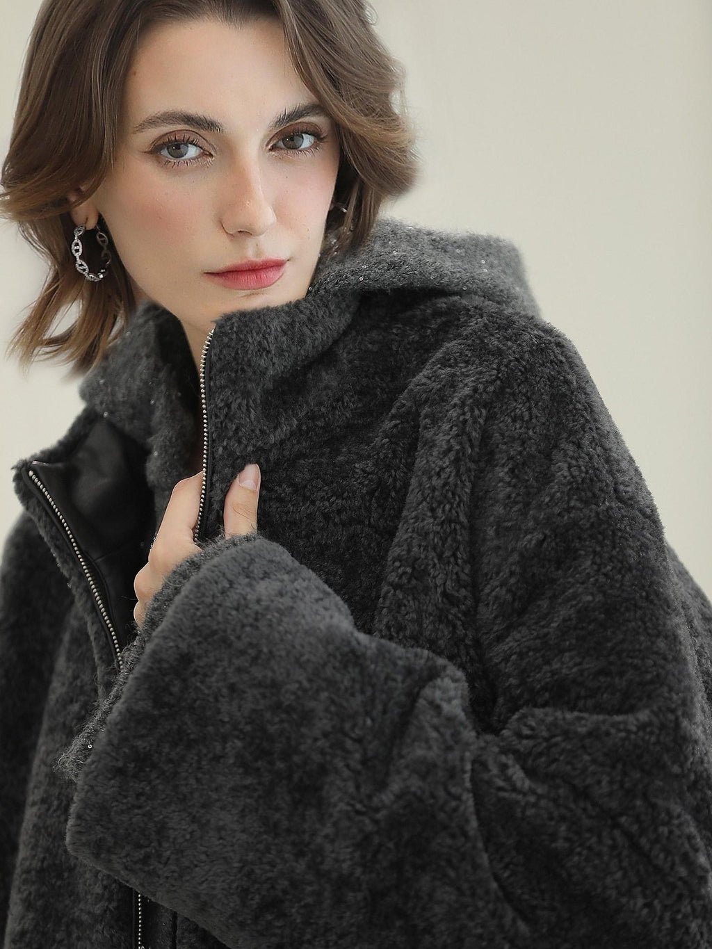 COCOBELLA Plush Faux Fur Relaxed Fit Zipper Longsleeve Women Office Charcoal Gray Jackets