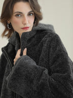 COCOBELLA Plush Faux Fur Relaxed Fit Zipper Longsleeve Women Office Charcoal Gray Jackets