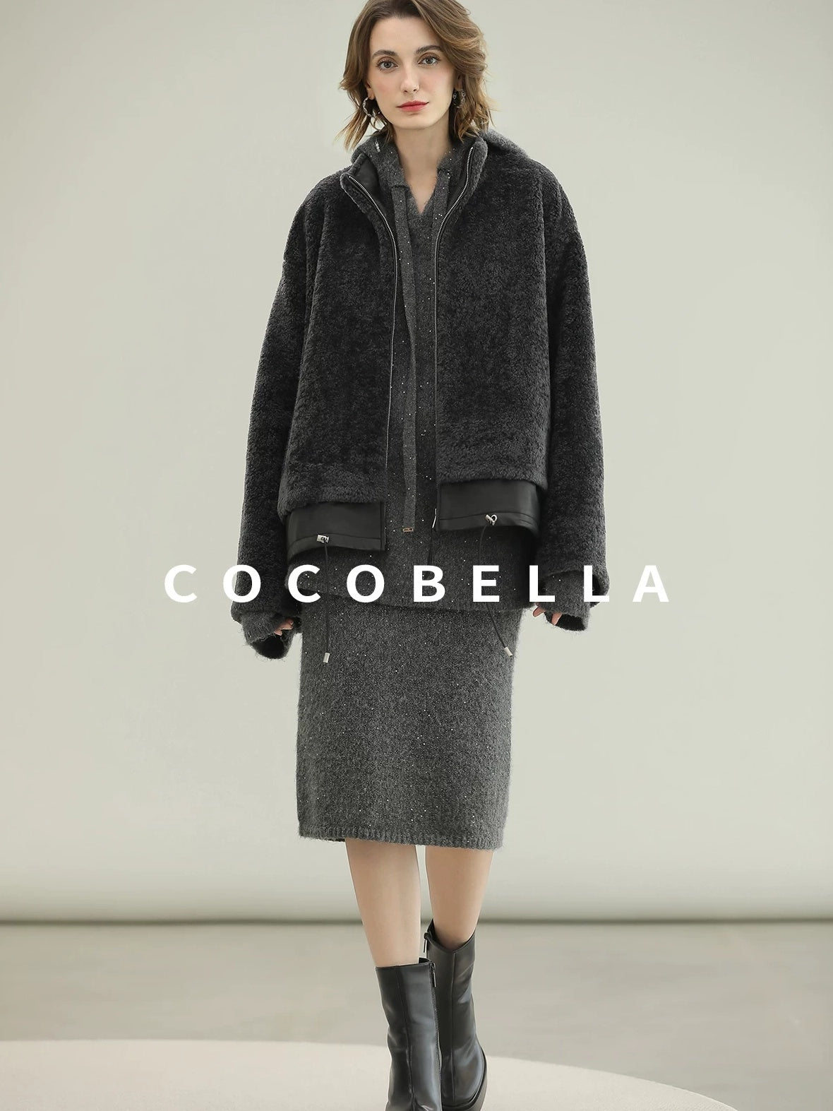 COCOBELLA Plush Faux Fur Relaxed Fit Zipper Longsleeve Women Office Charcoal Gray Jackets