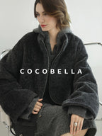 COCOBELLA Plush Faux Fur Relaxed Fit Zipper Longsleeve Women Office Charcoal Gray Jackets