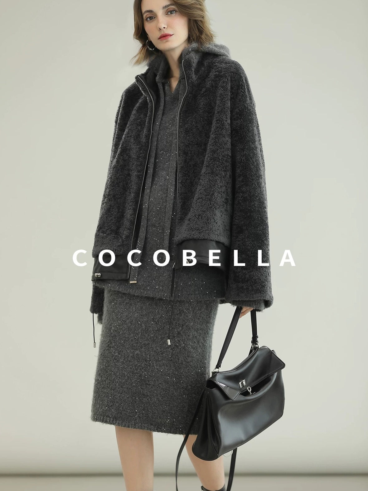 COCOBELLA Plush Faux Fur Relaxed Fit Zipper Longsleeve Women Office Charcoal Gray Jackets