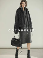 COCOBELLA Plush Faux Fur Relaxed Fit Zipper Longsleeve Women Office Charcoal Gray Jackets