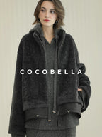 COCOBELLA Plush Faux Fur Relaxed Fit Zipper Longsleeve Women Office Charcoal Gray Jackets