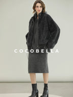COCOBELLA Plush Faux Fur Relaxed Fit Zipper Longsleeve Women Office Charcoal Gray Jackets