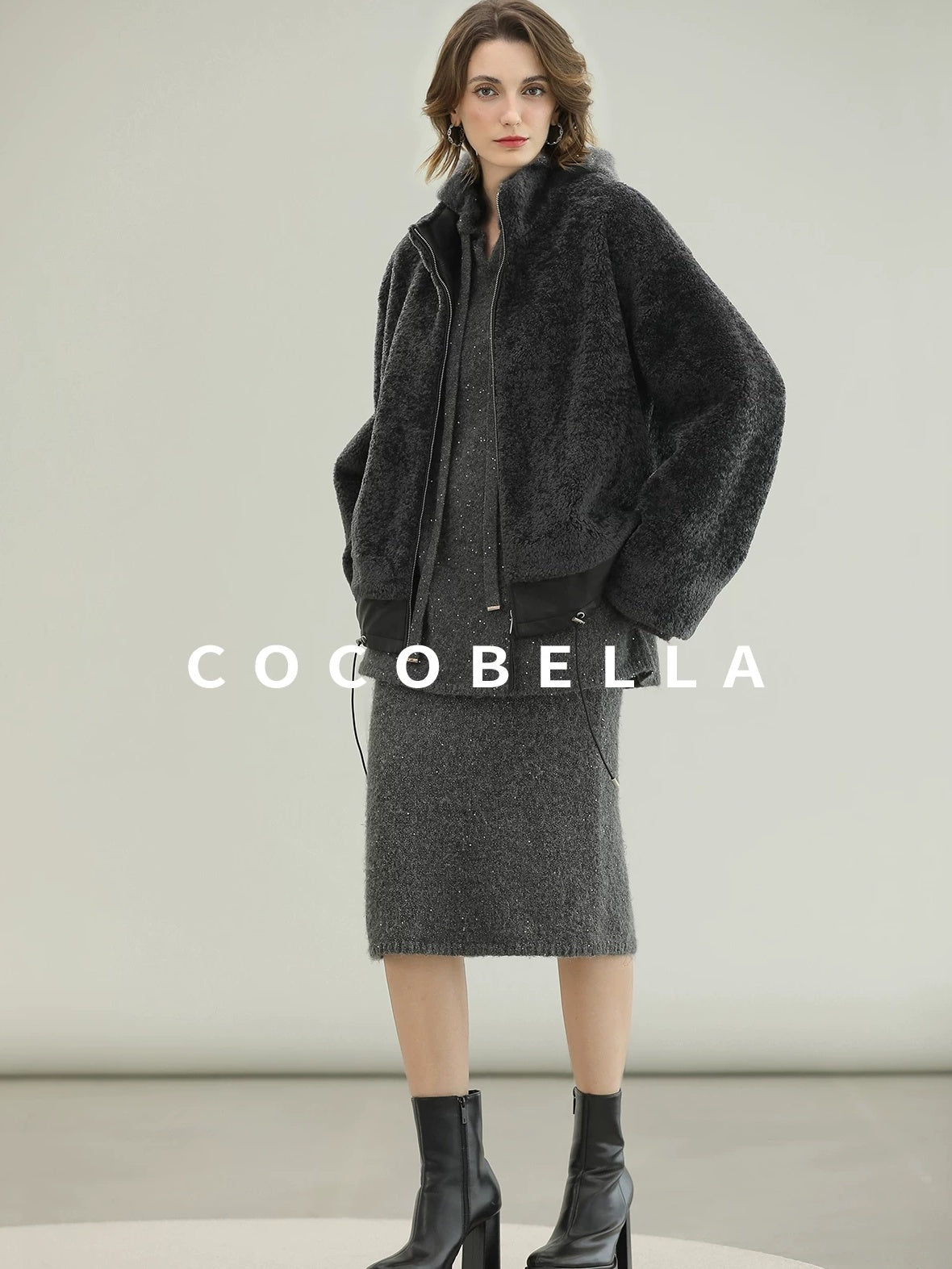 COCOBELLA Plush Faux Fur Relaxed Fit Zipper Longsleeve Women Office Charcoal Gray Jackets