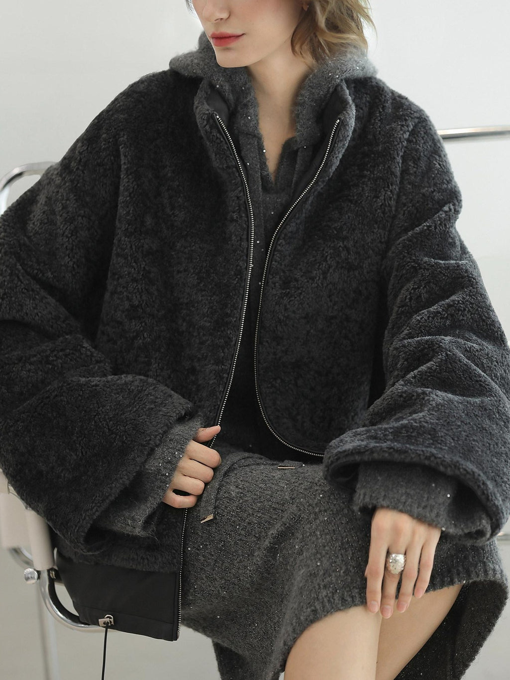 COCOBELLA Plush Faux Fur Relaxed Fit Zipper Longsleeve Women Office Charcoal Gray Jackets