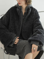 COCOBELLA Plush Faux Fur Relaxed Fit Zipper Longsleeve Women Office Charcoal Gray Jackets