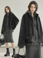 COCOBELLA Plush Faux Fur Relaxed Fit Zipper Longsleeve Women Office Charcoal Gray Jackets
