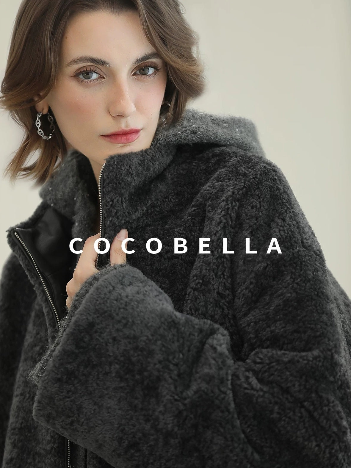 COCOBELLA Plush Faux Fur Relaxed Fit Zipper Longsleeve Women Office Charcoal Gray Jackets