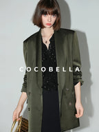 COCOBELLA Polished Avocado Green Double Breasted Straight Midlength Women Office Blazers