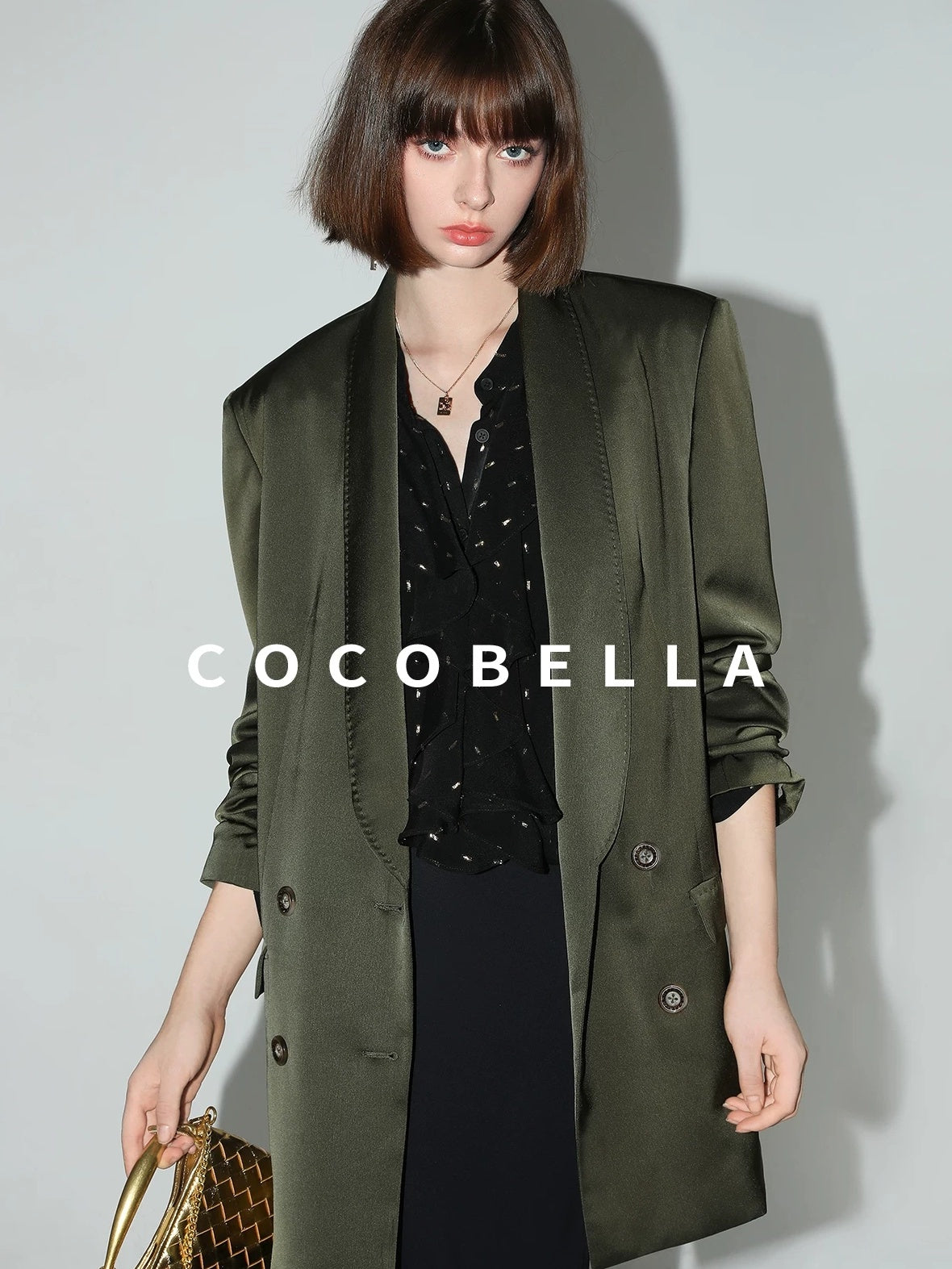 COCOBELLA Polished Avocado Green Double Breasted Straight Midlength Women Office Blazers