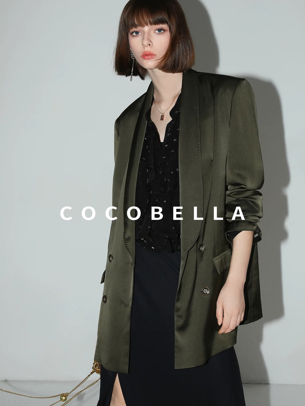 COCOBELLA Polished Avocado Green Double Breasted Straight Midlength Women Office Blazers