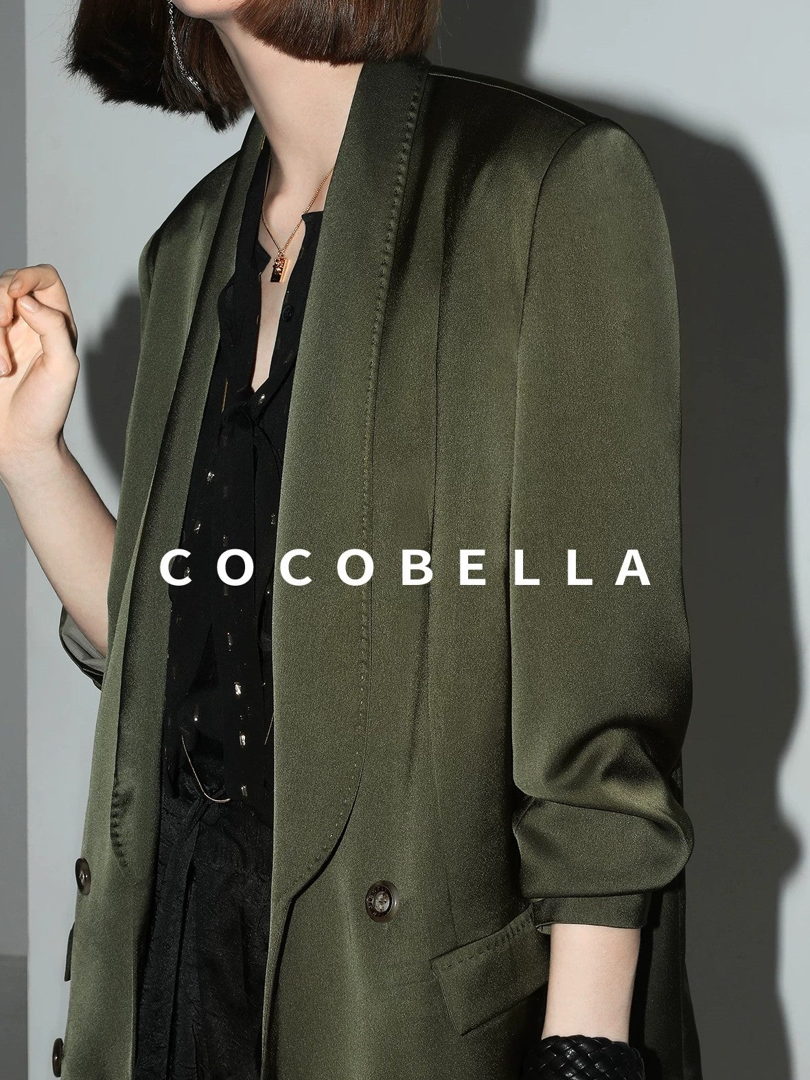 COCOBELLA Polished Avocado Green Double Breasted Straight Midlength Women Office Blazers
